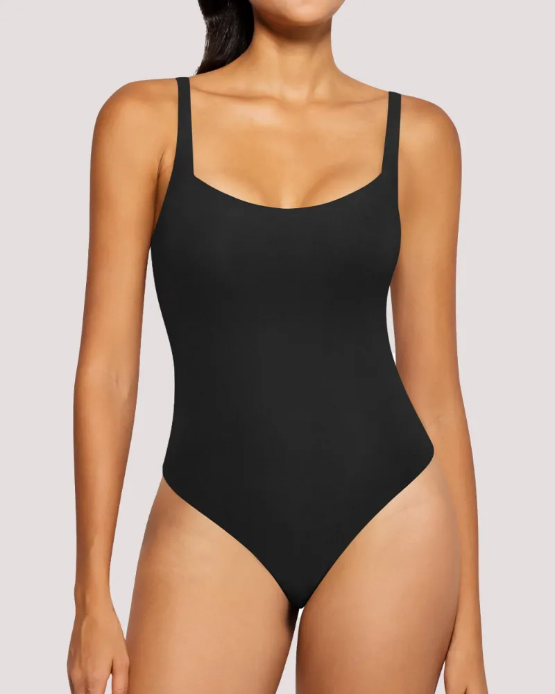 QUEENIEKE Square Neck Bodysuit in black, front and back view