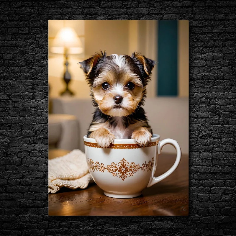 CruArt Cup of Cuteness Metal Print showing fluffy Yorkie puppy peeking over rim of ornate teacup