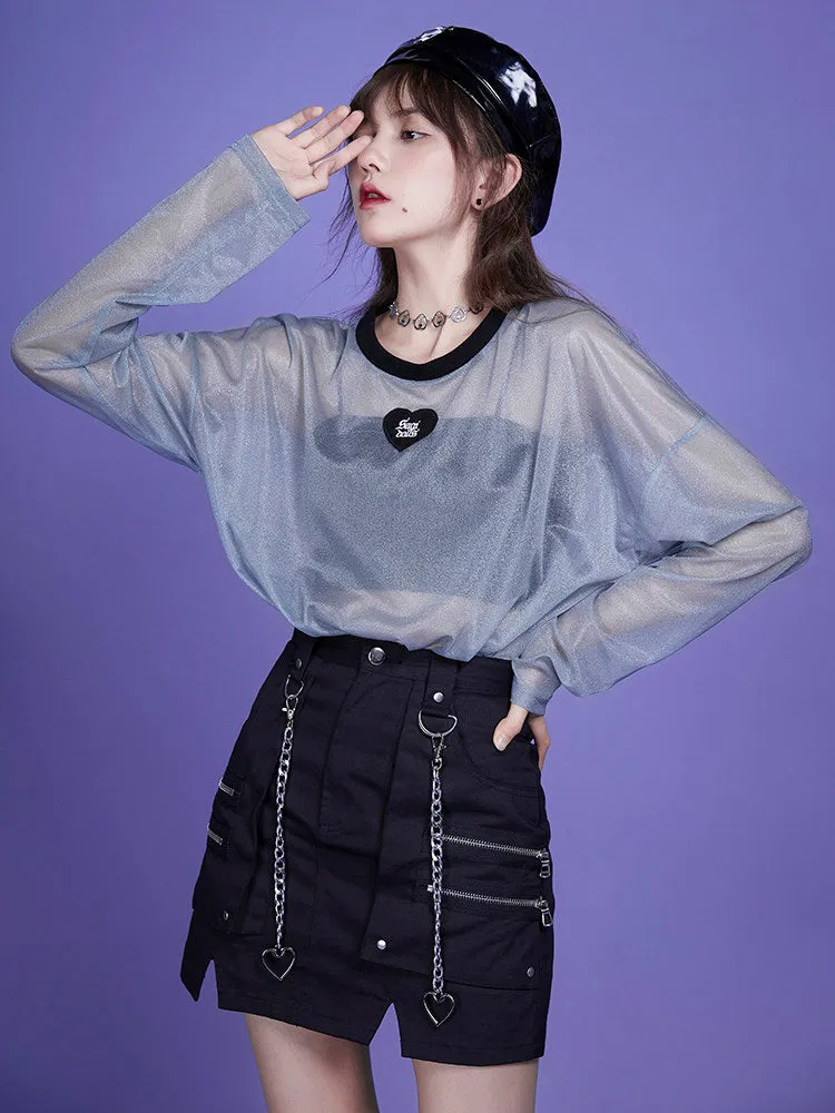 Juwas Black Heart Chain Utility Mini Skirt showing the drawstring waist and front pocket detail.