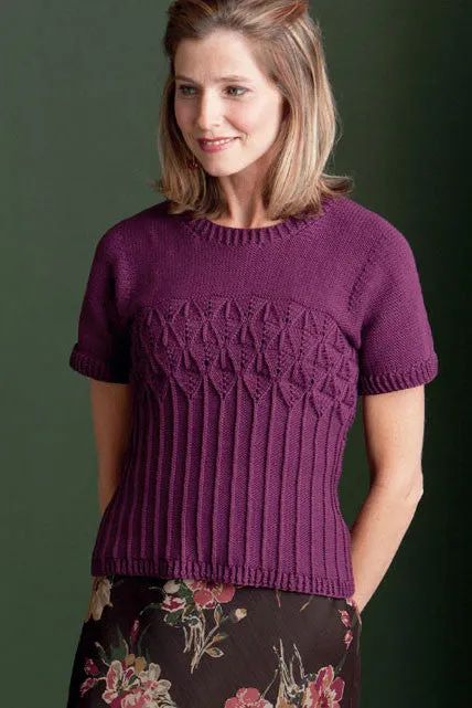 Kristen TenDyke Calm Tee knitting pattern in organic cotton with leaf details