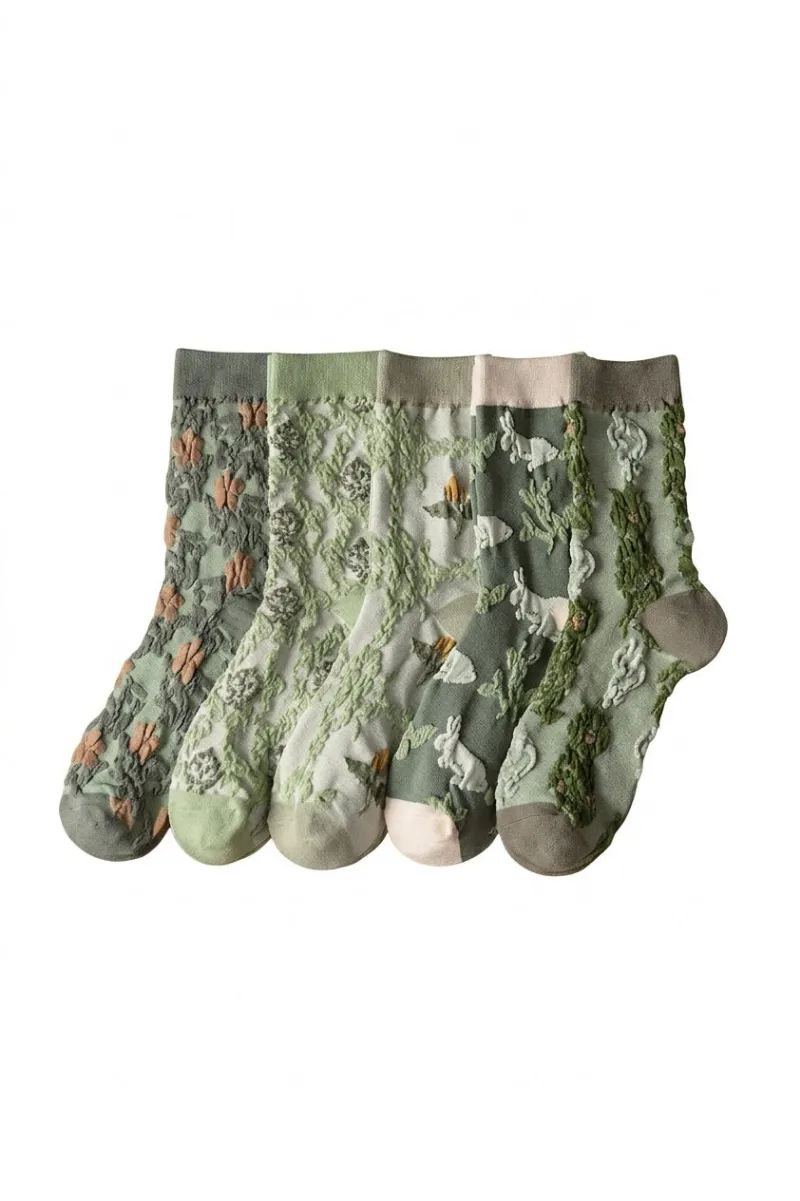 Cottagecore Clothes Cottagecore Embroidered Sock Set with floral and animal motifs in sage and blush tones