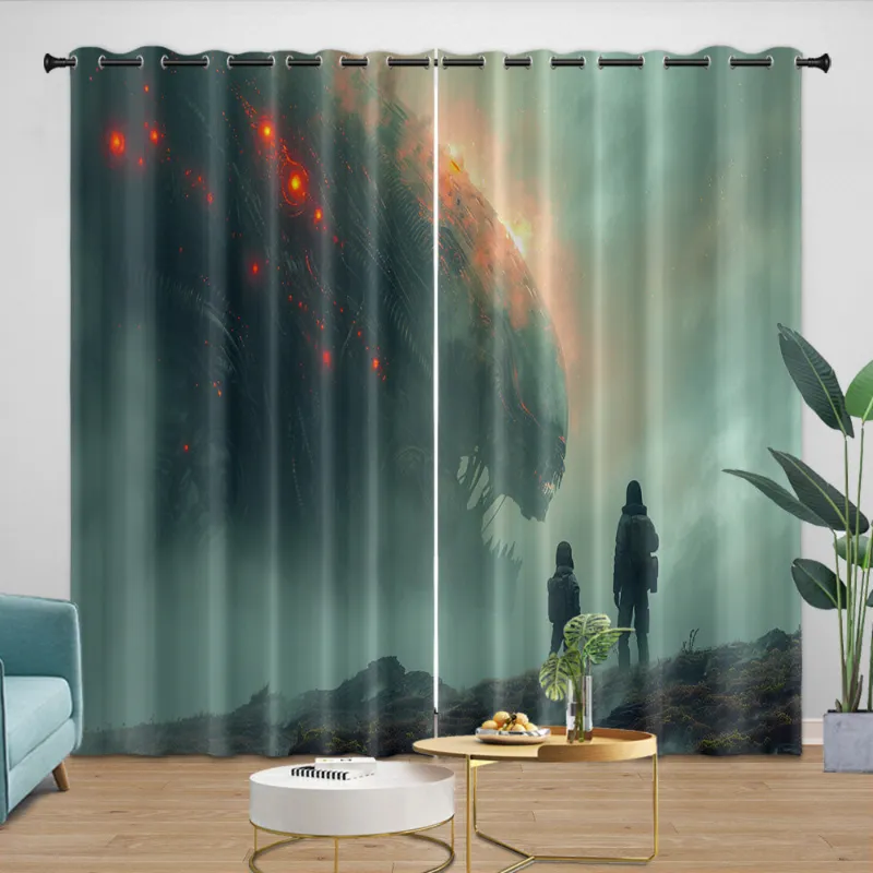 EBuycos Alien Romulus Curtains Blackout Window Drapes Room Decoration, two-panel blackout curtains with alien character