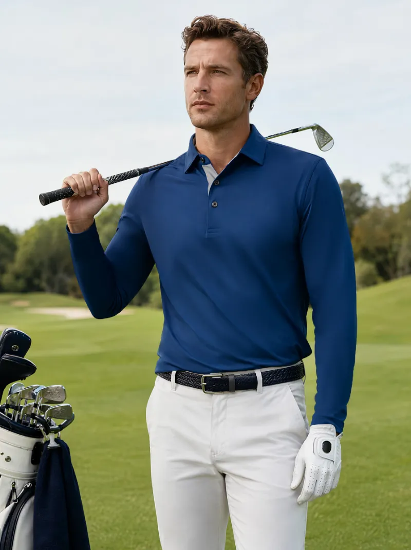 Maelreg Golf Long Sleeve Performance Solid Pique Polo with contrast detailing