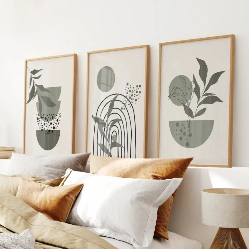 Wall Art Set 3 Piece Boho Wall Art Prints Green Mid-Century Abstract Decor with geometric botanical prints