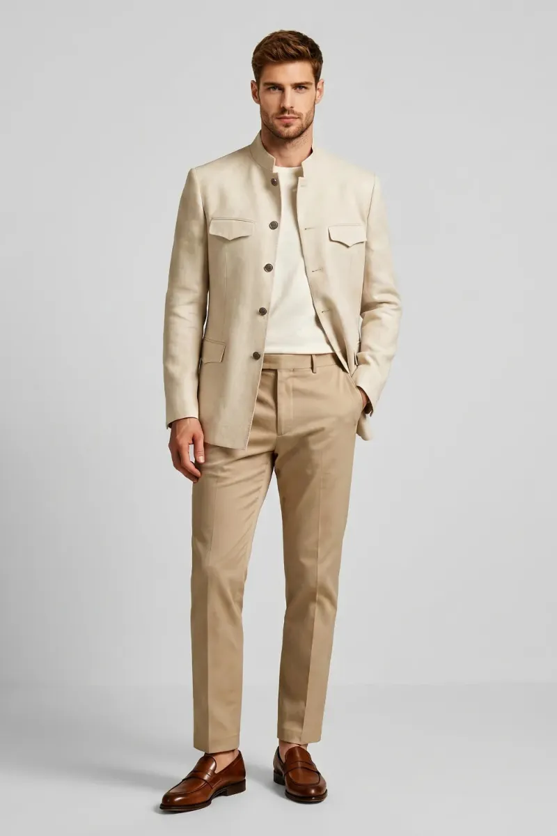 Wehilion Men's Beige Mandarin Collar Slim Fit Linen Blend 2 Piece Suit in clean beige.