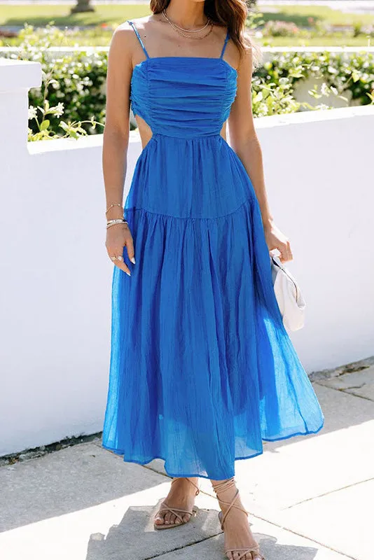 Mislish Backless Royal Blue A-Line Cut Out Dress with sleeveless design