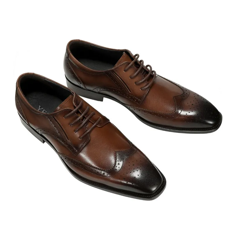 Cloudstyle Men's Pointed Toe British Business Brogue Carved Leather Shoes Dark Brown