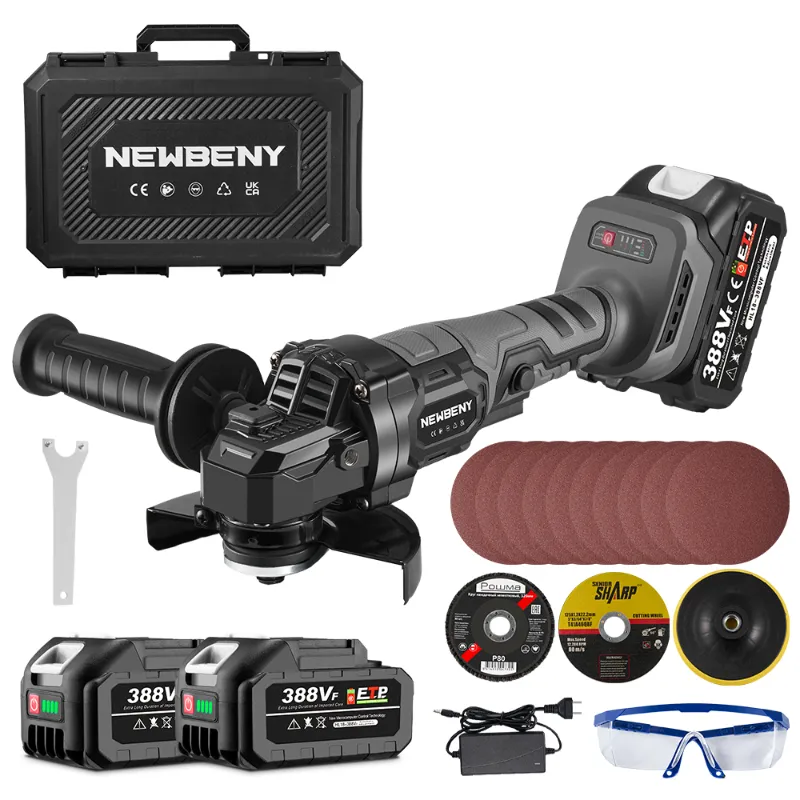 NewBeny 125mm Brushless Cordless Angle Grinder Kit with batteries and charger, shown at full angle