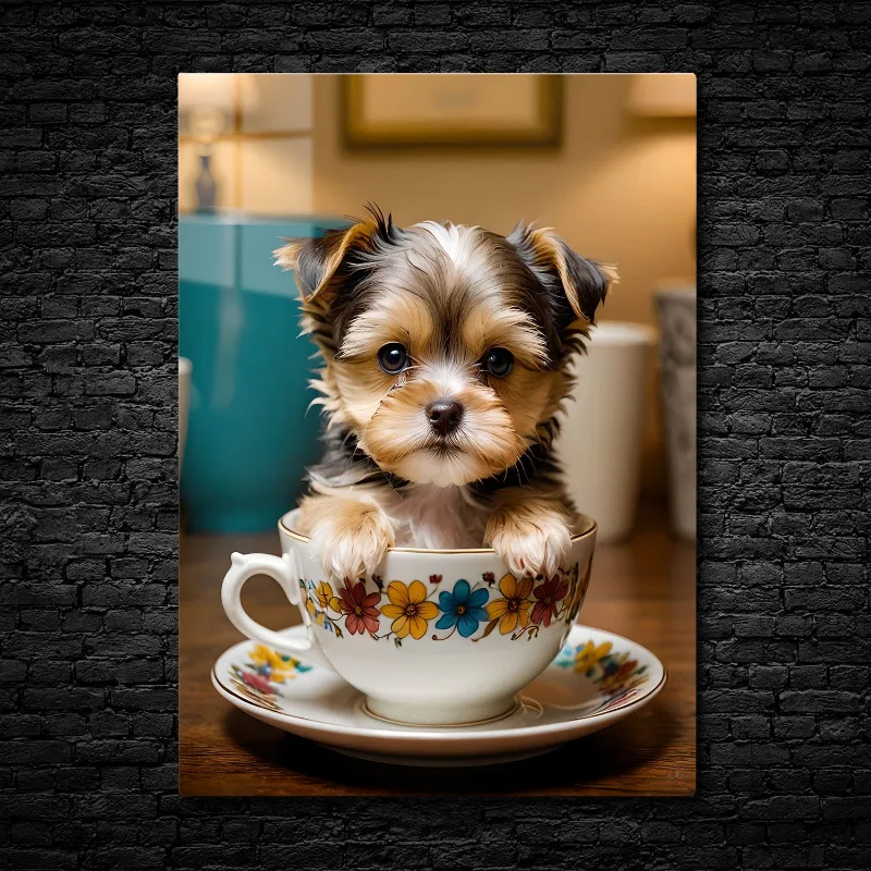 CruArt Teacup Pup Metal Print showing puppy in floral teacup with cozy backdrop
