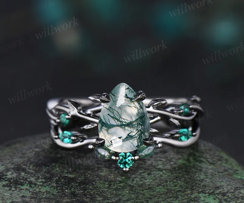 WillWork Jewelry 14K Black Gold pear cut moss agate engagement ring set with emeralds