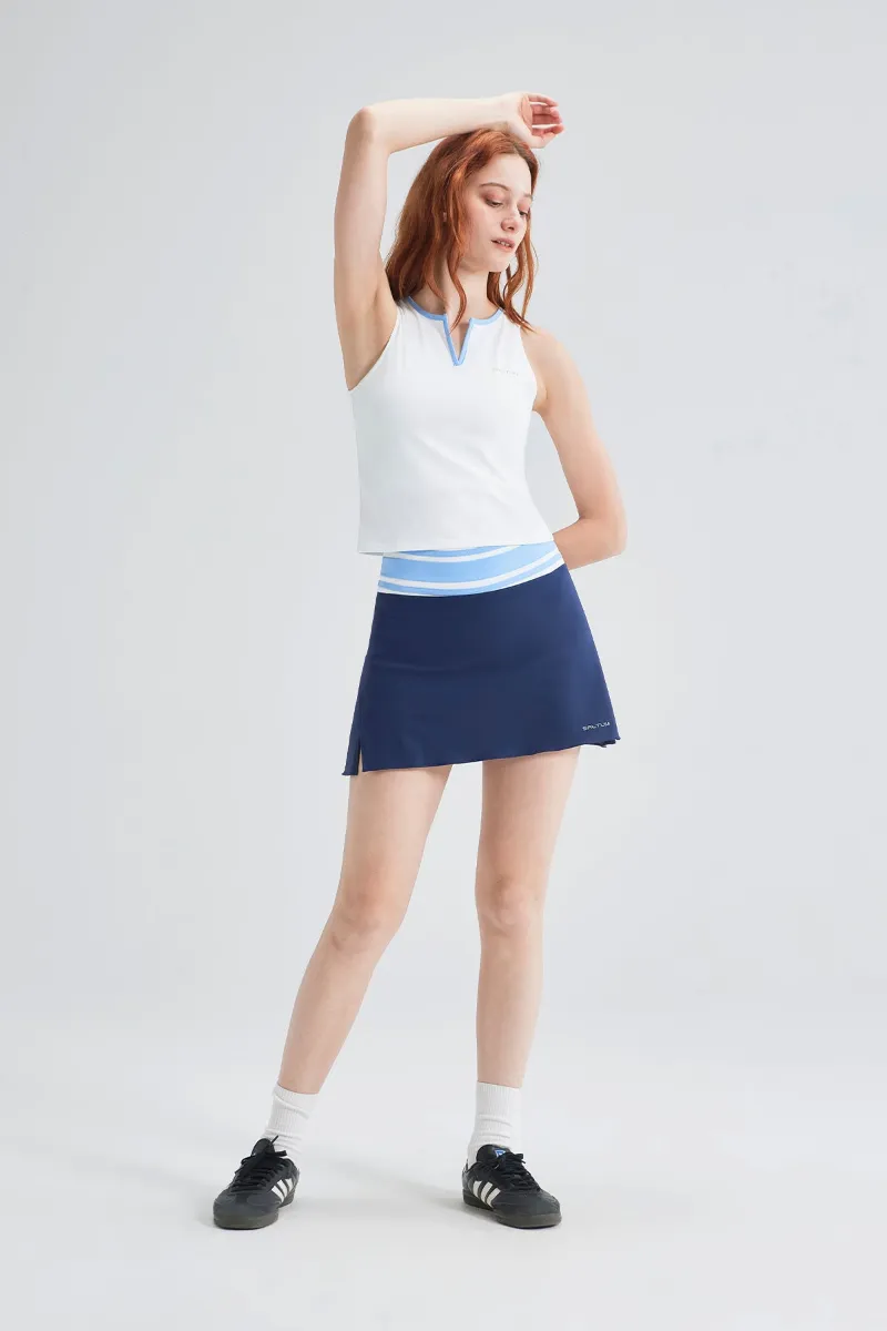 SALTUM Contrast Notch-Neck Tank and A-Line Sports Skirt Set in lightweight stretch fabric with built-in shorts