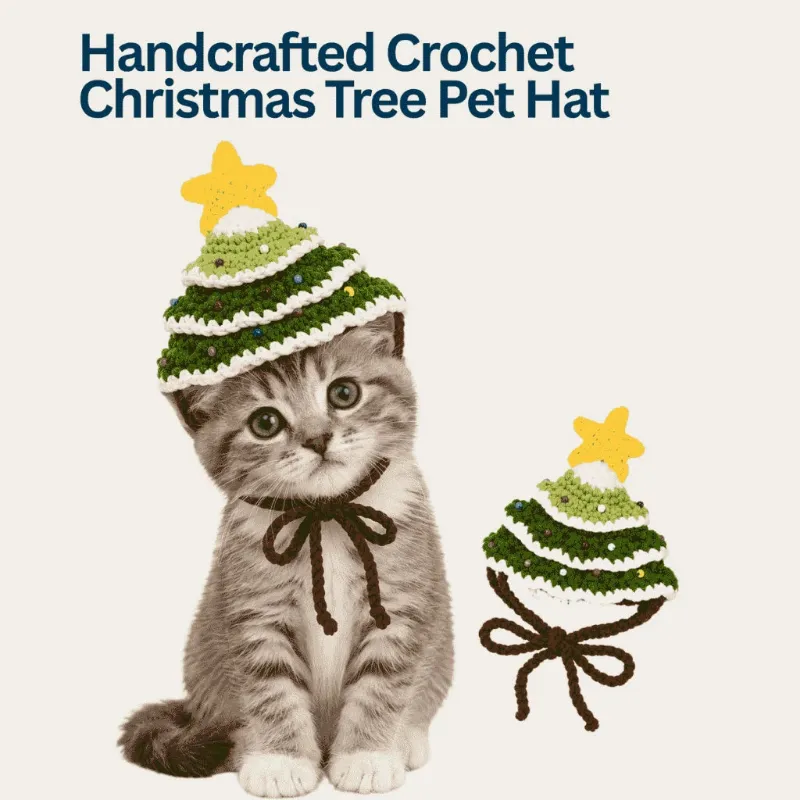 4FurBaby Handcrafted Crochet Christmas Tree Pet Hat for Cats & Small Dogs on a pet's head