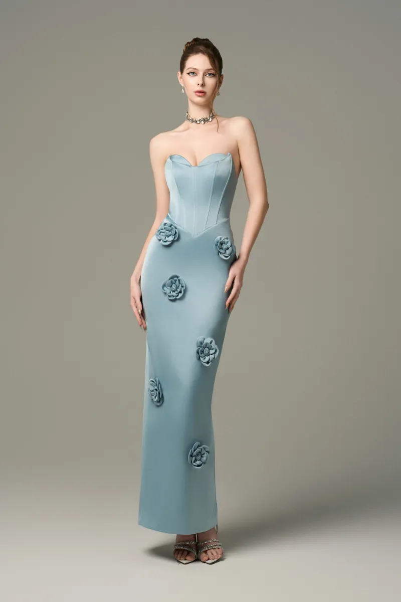 Kalisa Aquarelle Silk 3D Floral Applique Maxi Dress detail shot