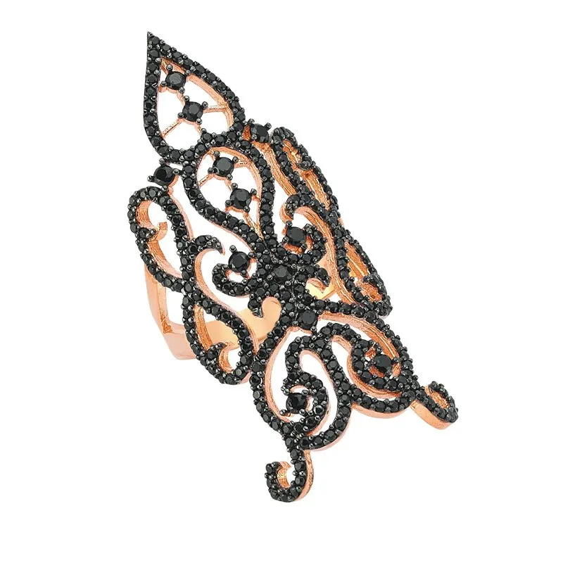 Amorium Jewelry Black Diana Silver Long Full Finger Ring in Rose Gold with black crystals