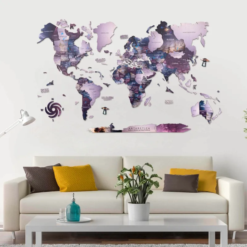 Enjoy The Wood 3D Wooden World Map Sirius showing layered continents in classic atlas-inspired tones