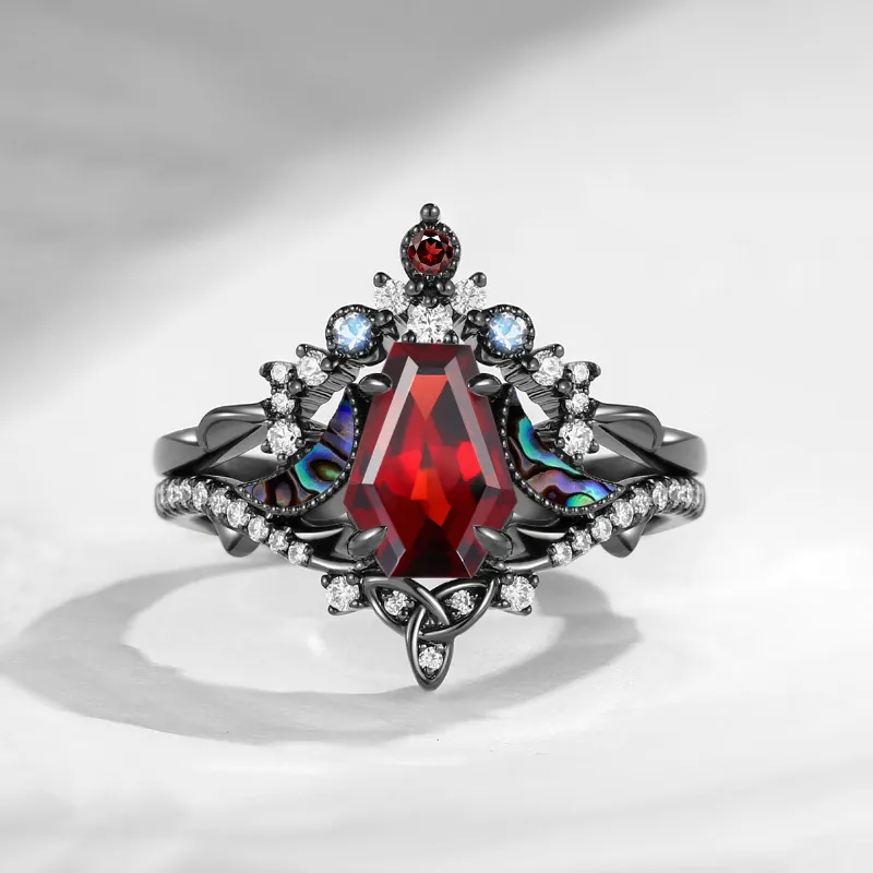 Starlandus Celestial Moon Gothic Coffin Cut Garnet and Abalone Shell Celtic Moon Engagement Ring Set