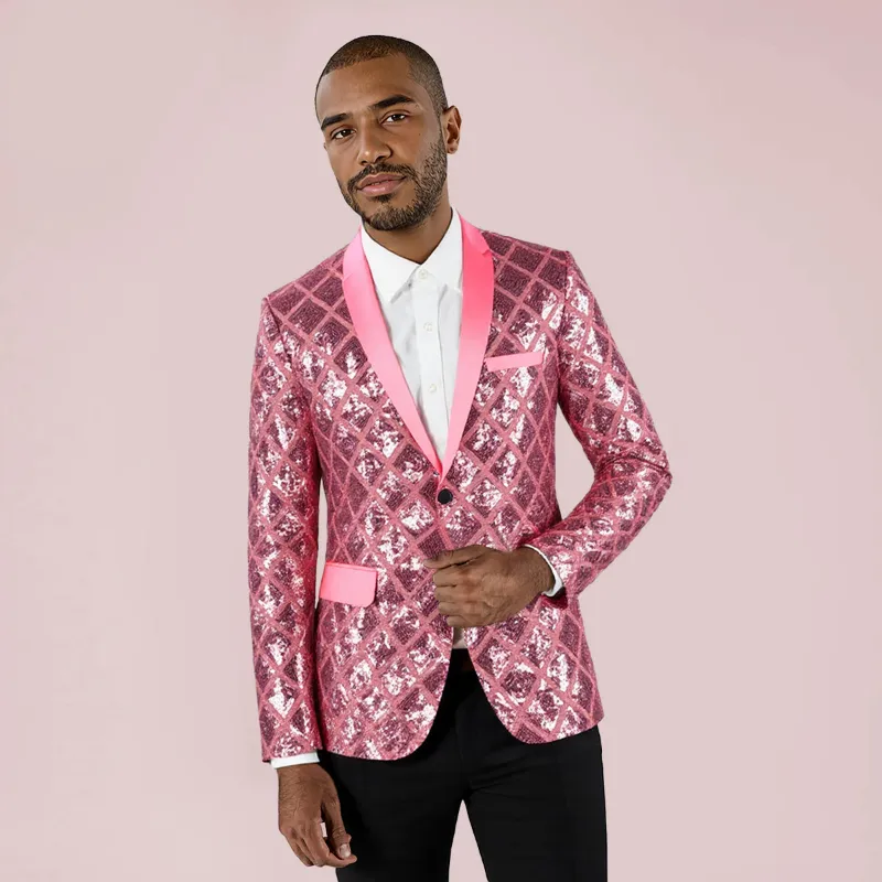 Cloudstyle C4B0044 Series One Button Plaid Sequin Blazer in pink
