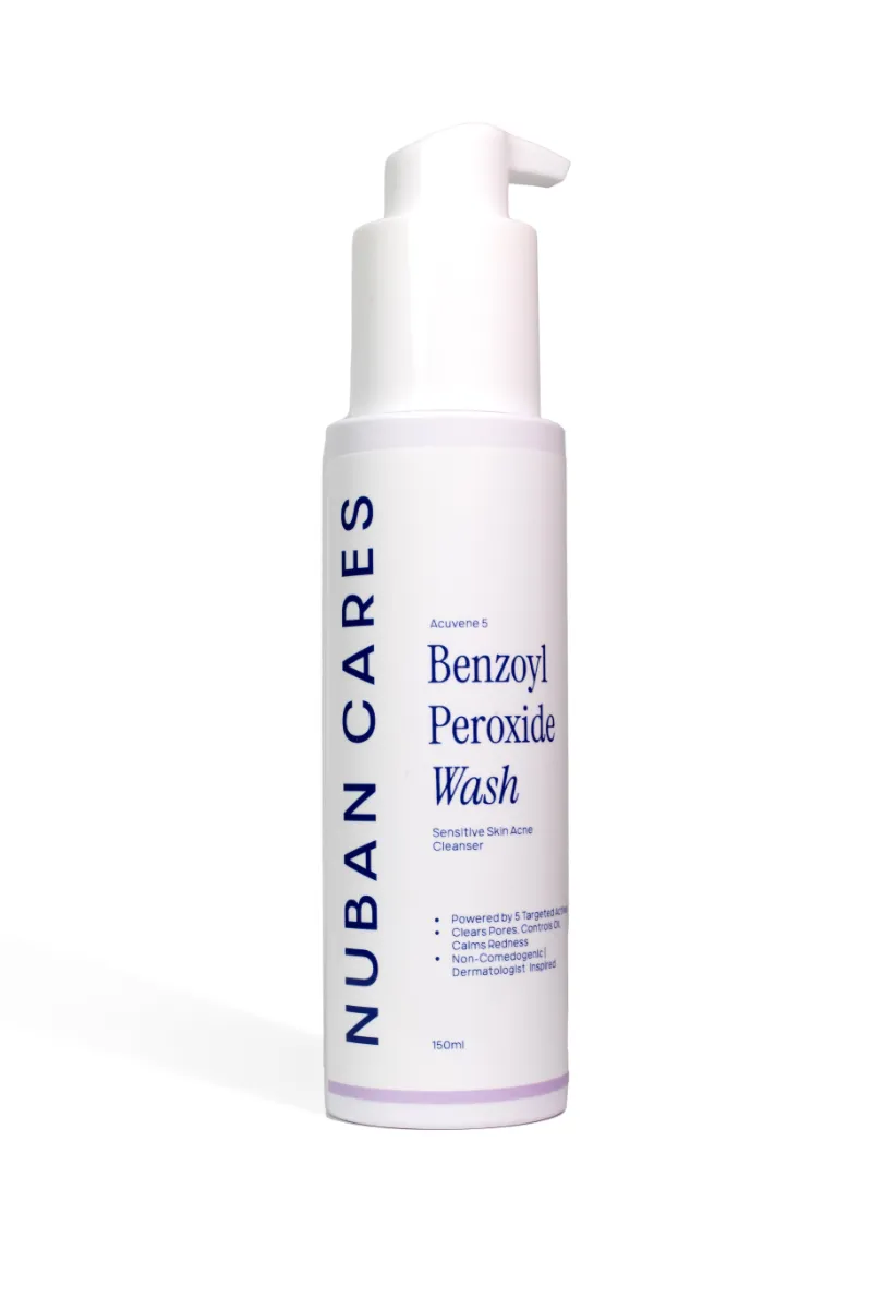 Nuban Beauty Acuvene 5 Benzoyl Peroxide Wash bottle, a gentle acne cleanser for sensitive skin