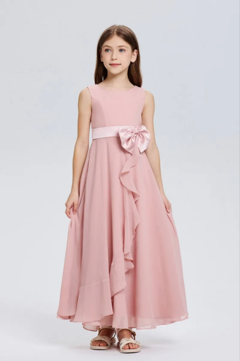 Wehilion Dreamy Bows Sleeveless Ruched Chiffon Flower Girl Dress in an ankle-length style
