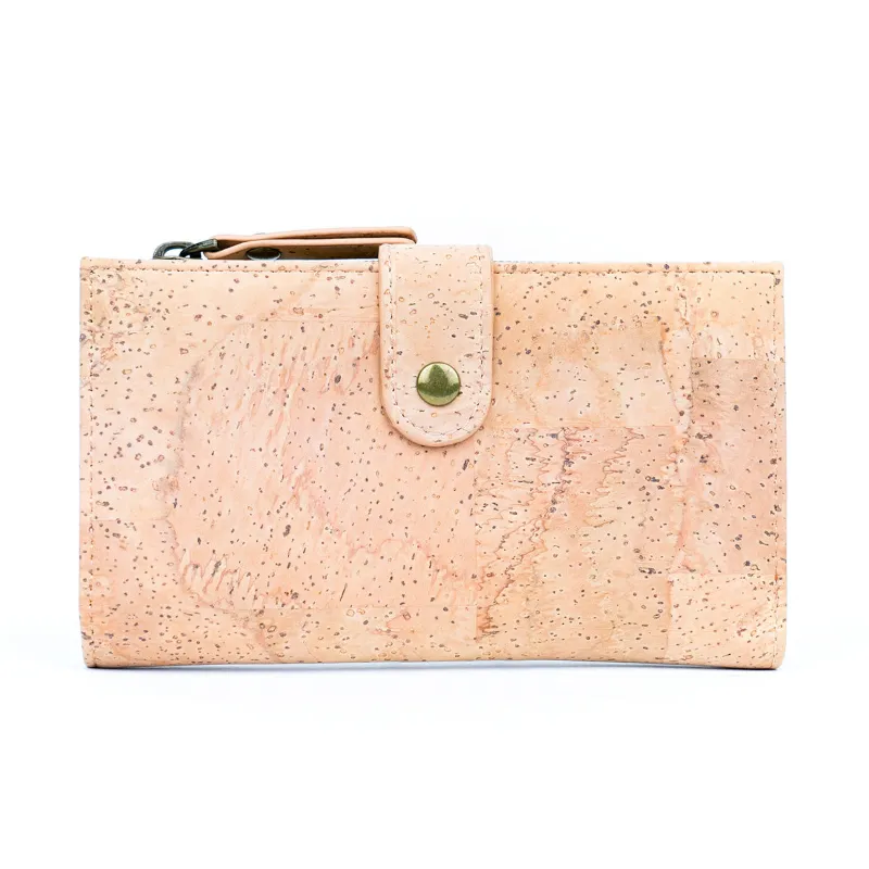 Corkadia chic black and natural cork wallet with gold accents, shown closed