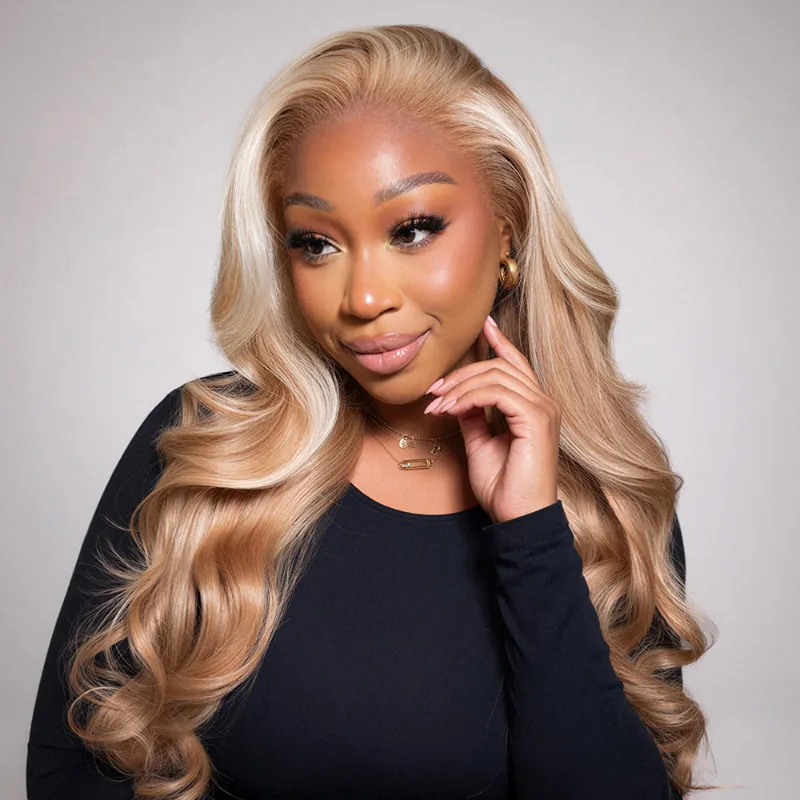 Megalook 13x6 milk tea brown with blonde highlights body wave glueless wig
