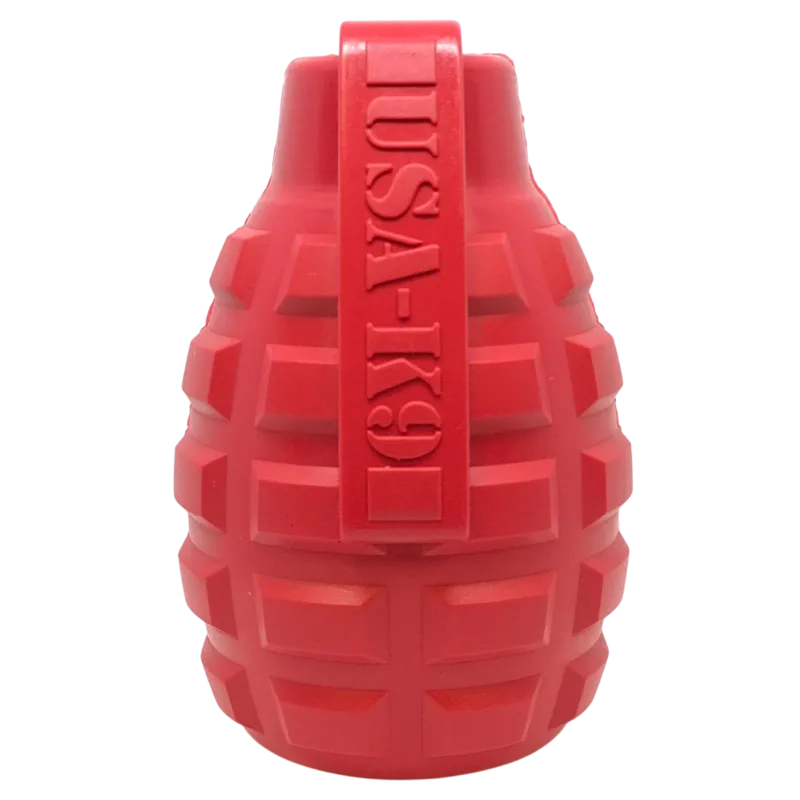 Soda Pup USA-K9 Grenade Rubber Dog Chew Toy red and blue tactical rubber toy on a white background