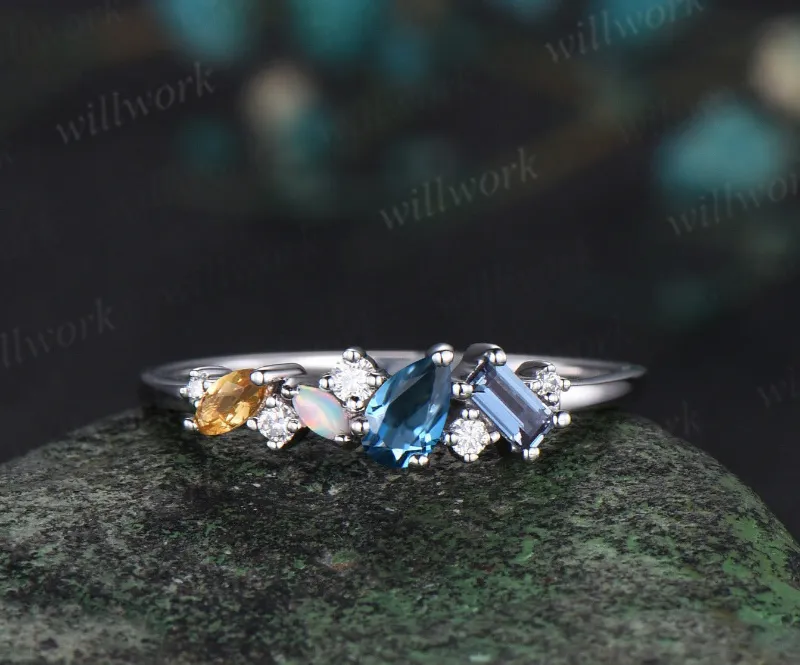 WillWork Jewelry 14k white gold pear London blue topaz multi-stone wedding band