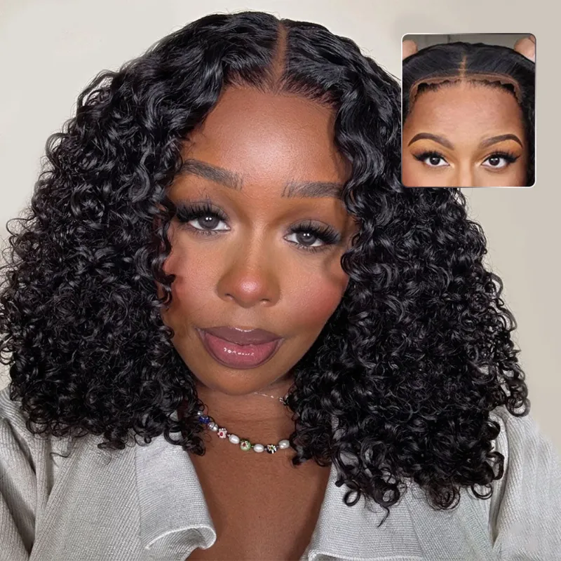 Megalook 13x5 glueless pixie curly bob wig pre-cut lace natural black