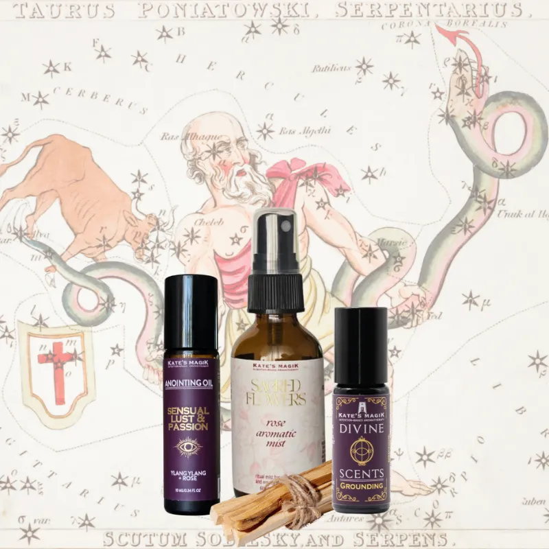 Kates Magik Taurus Zodiac Gift set with sensual oil, rose mist, grounding scent, and palo santo