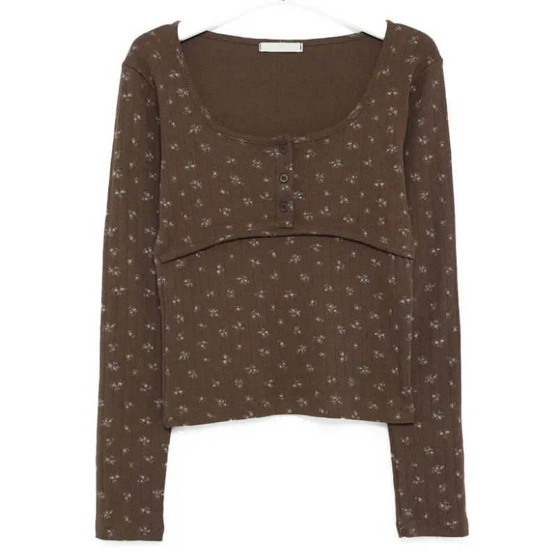 Cottagecore Clothes Cottagecore Floral Button-Front Shirt with ditsy florals on chocolate ground and square neckline