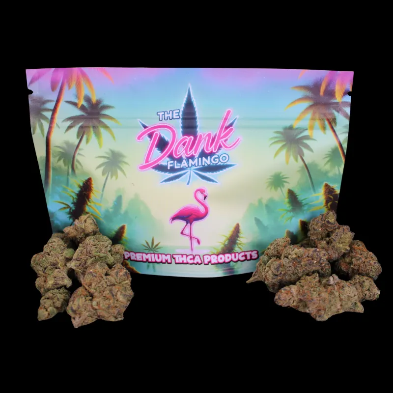 THCA Small Buds Dank Sweet Tarts Exotic THCA Flower in Dank Flamingo mylar bag