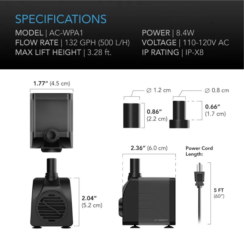 Mass Hydroponics AC Infinity Submersible Water Pump with suction cups and adjustable nozzles