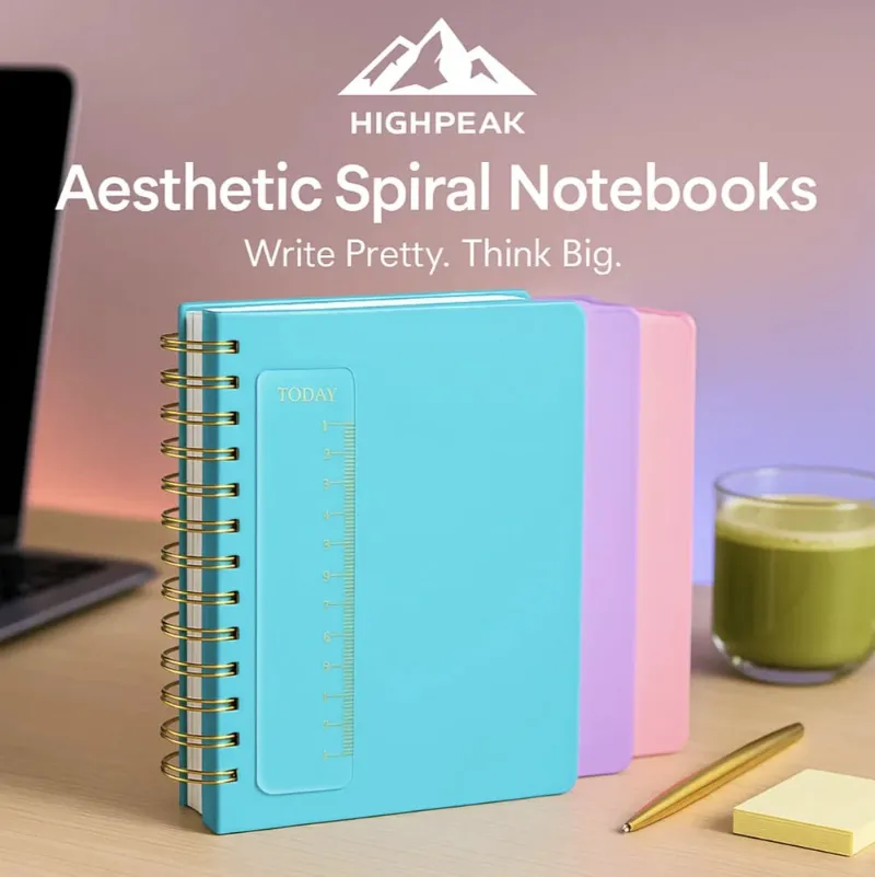HighPeak Aesthetic Spiral Notebooks, three A5 notebooks with gold spirals and pastel covers