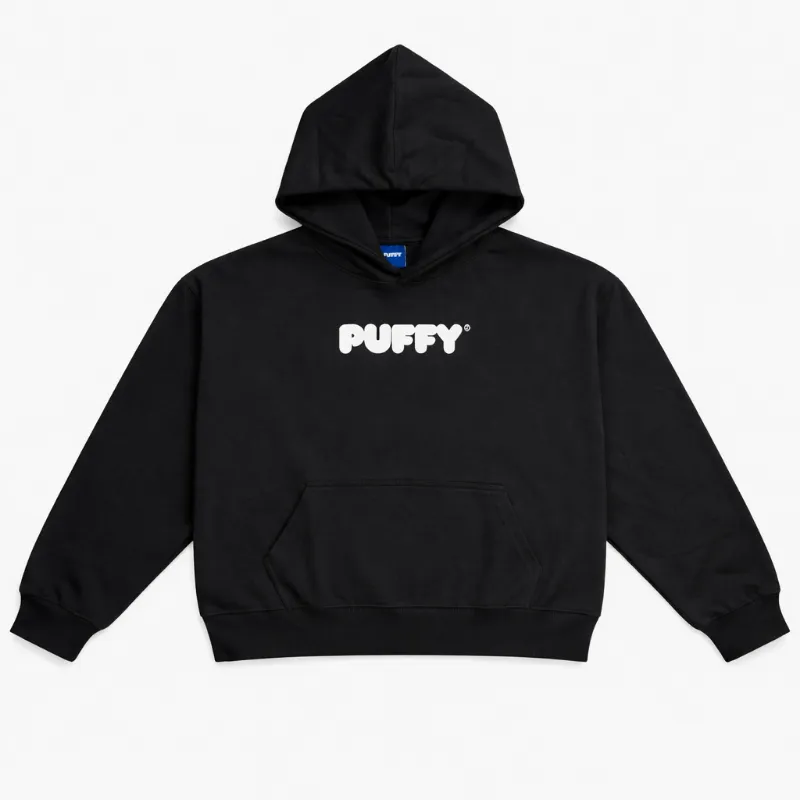 Hipuffy ALWL Hoodie (Black) showing box cut heavy weight cotton hoodie with white graphics