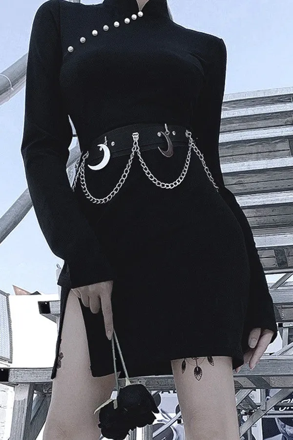 Mislish Beaded Metal Chain Mini Dress with high neckline