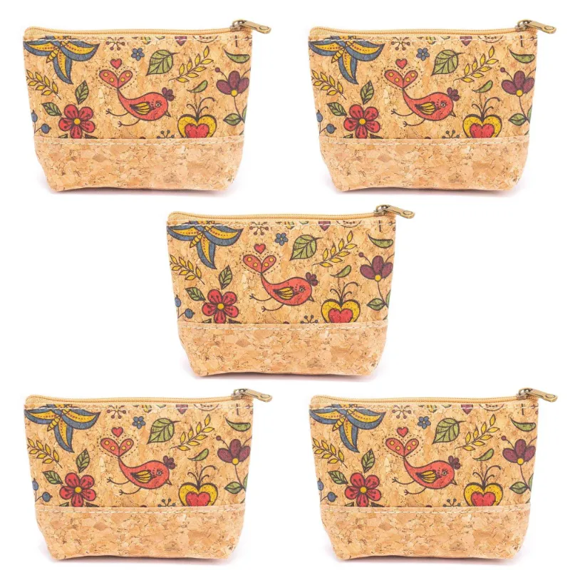 Corkadia Chirpy Flora vegan cork coin purse with two zipper pockets