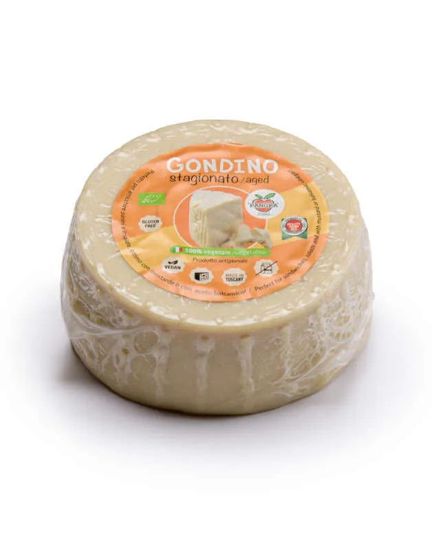 Vegaliano Classic Gondino 500gr plant-based aged cheese wheel on white background