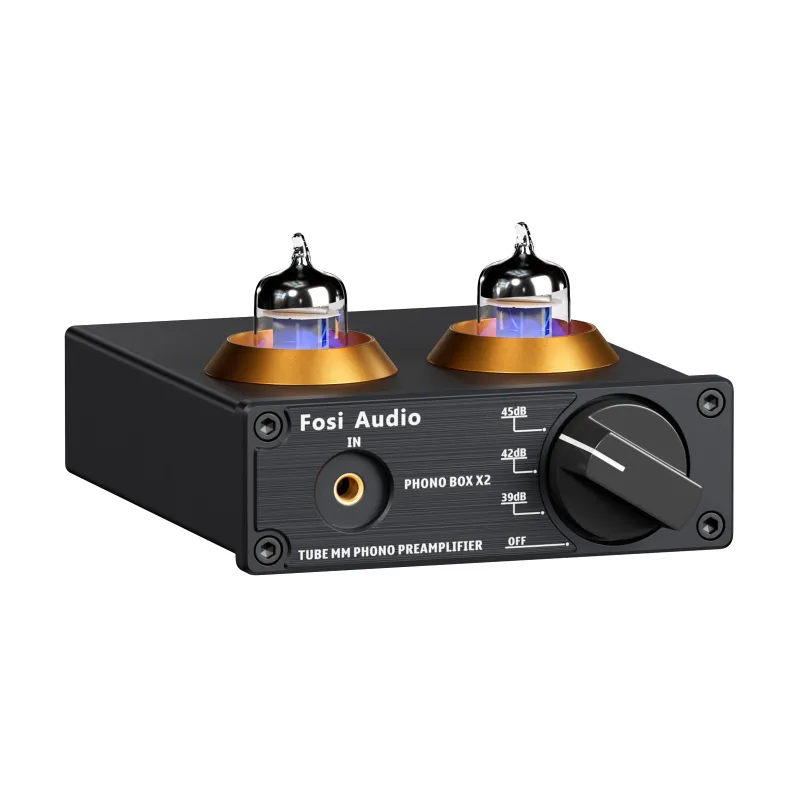Fosi Audio Box X2 MM Turntable Phono Preamplifier with visible vacuum tubes and gain controls