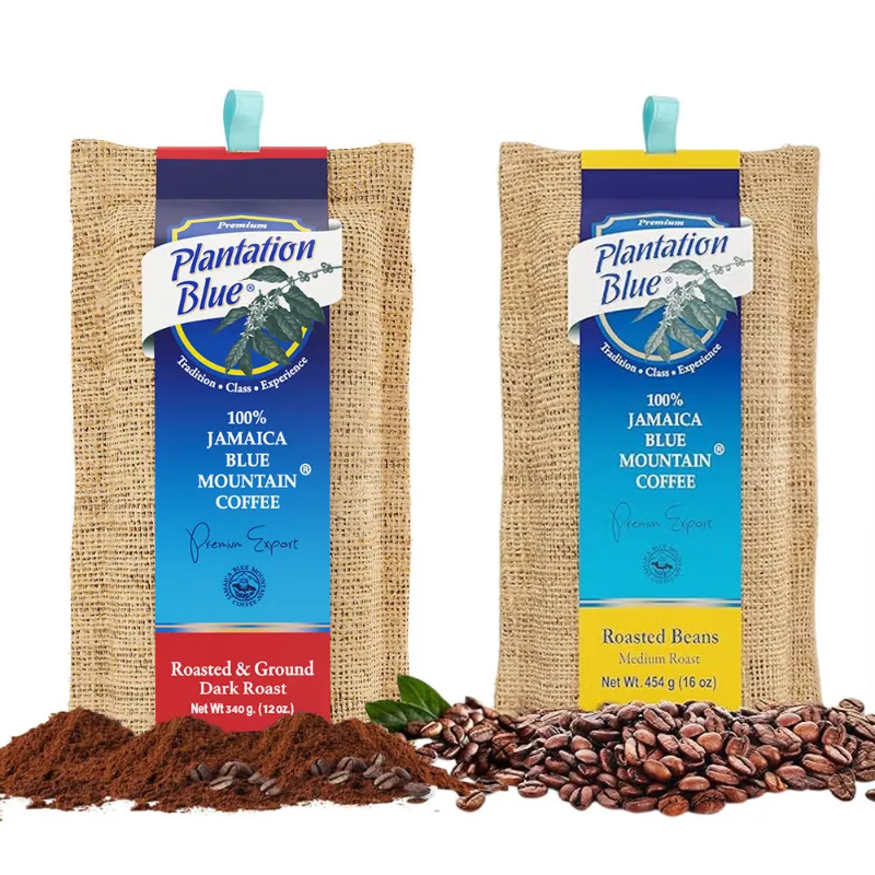 Plantation Blue Coffee 1lb Medium Roast Whole Beans and 12oz Dark Roast Ground bundle showing both coffee bags