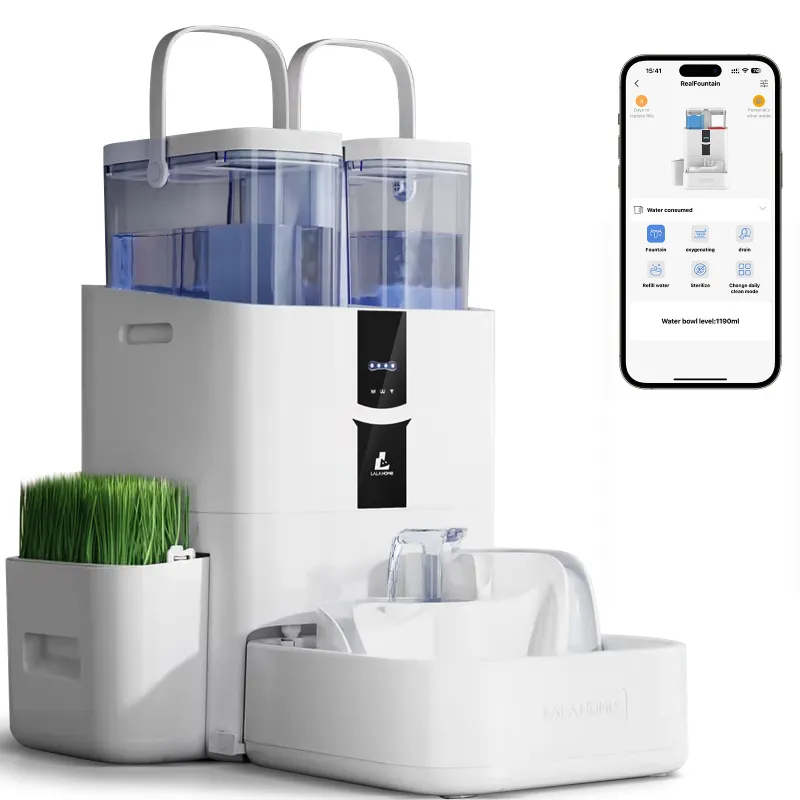 Lala Home DailyFresh Pet Water Fountain, a large white automated fountain with oxygen system