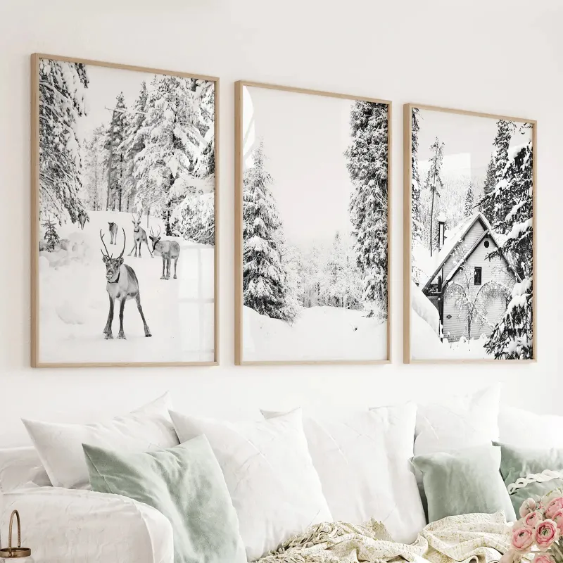 Wall Art Set Black White Winter Woodland Wall Art Set showing forest with reindeers and cabin