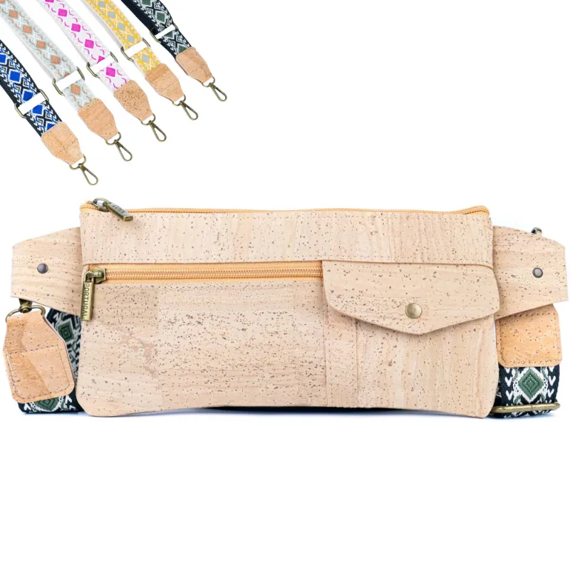 Corkadia Cork Belt Bag with Interchangeable Strap shown as vegan leather fanny pack with decorative patterned straps