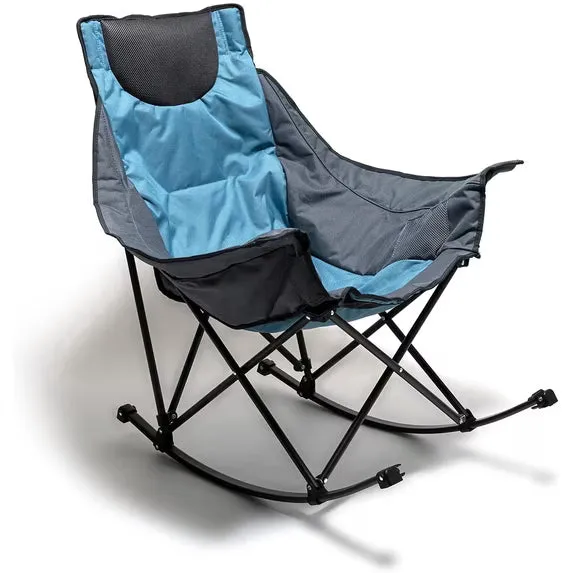 SunnyFeel Outdoor Heavy Duty Oversized Rocking Camping Chair in blue, foldable lawn rocker with side pocket