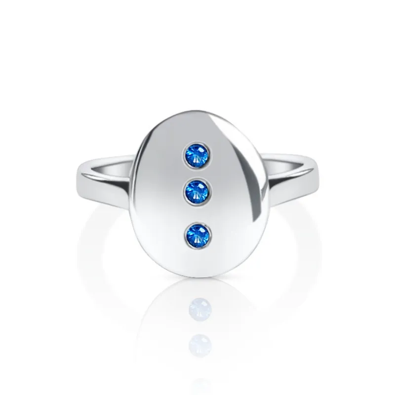 DORSYA November Birthstone Signet Ring with Blue Topaz showing three natural gemstones set in textured sterling silver coin top