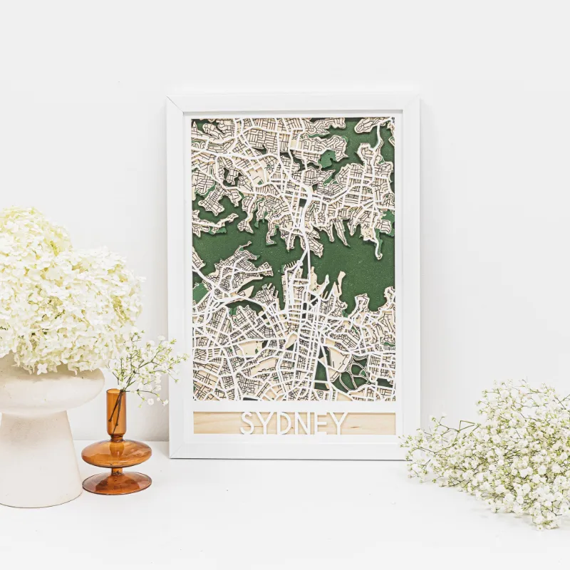 Enjoy The Wood 3D City Map Sydney sculptural wooden wall art showing harbor layout