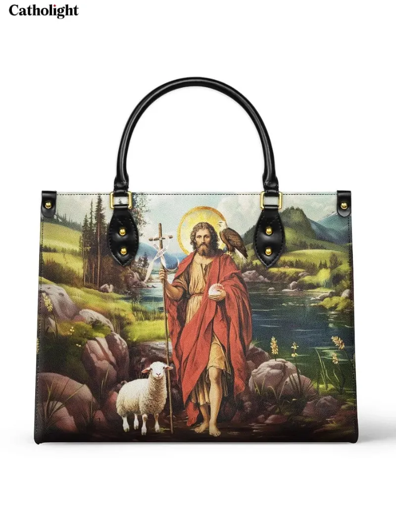 Catholight Saint John The Baptist Shepherd Leather Bag with saint walking with lamb in pastoral landscape