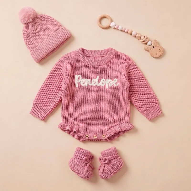 MamaRaya Custom Baby Girl Ruffle Sweater Beanie Socks Set with personalized name detail