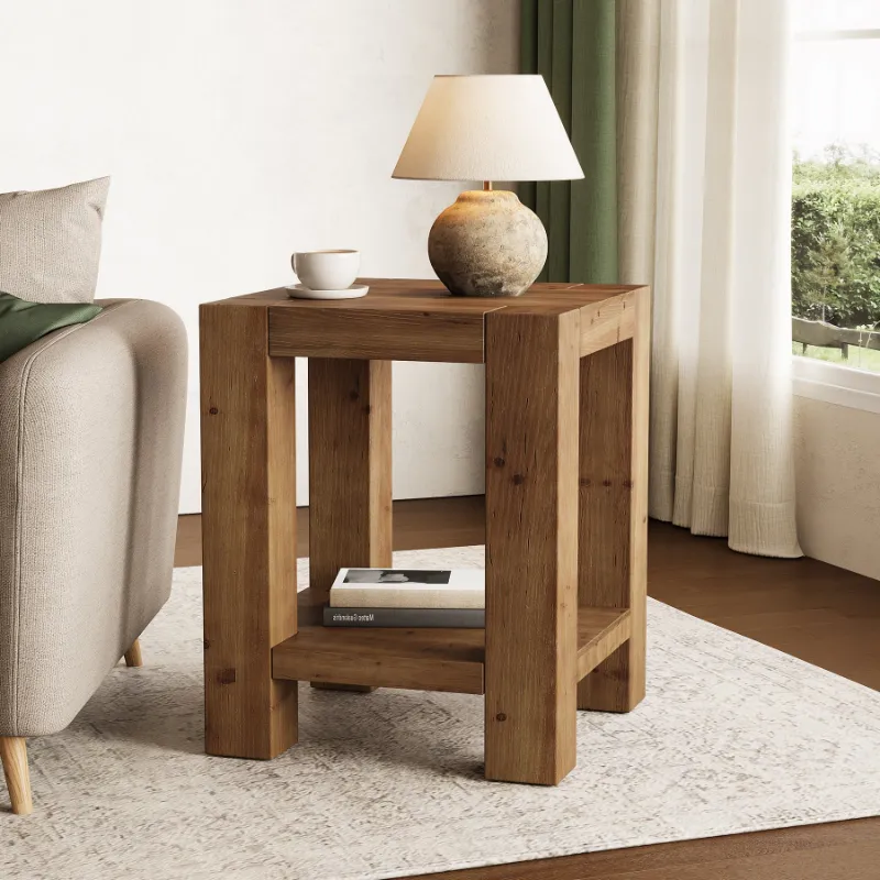 Tribesigns 19.6 inch farmhouse side table with solid wood and two storage shelves