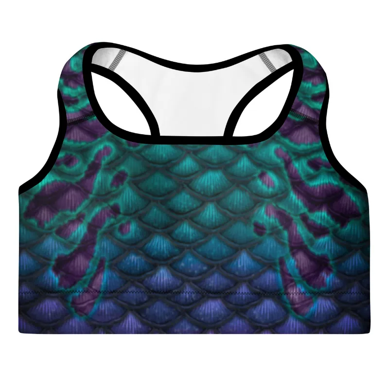 Sereia Guardiã Obscura Padded Sports Bra, a racerback sports bra with removable padding shown on a plain background
