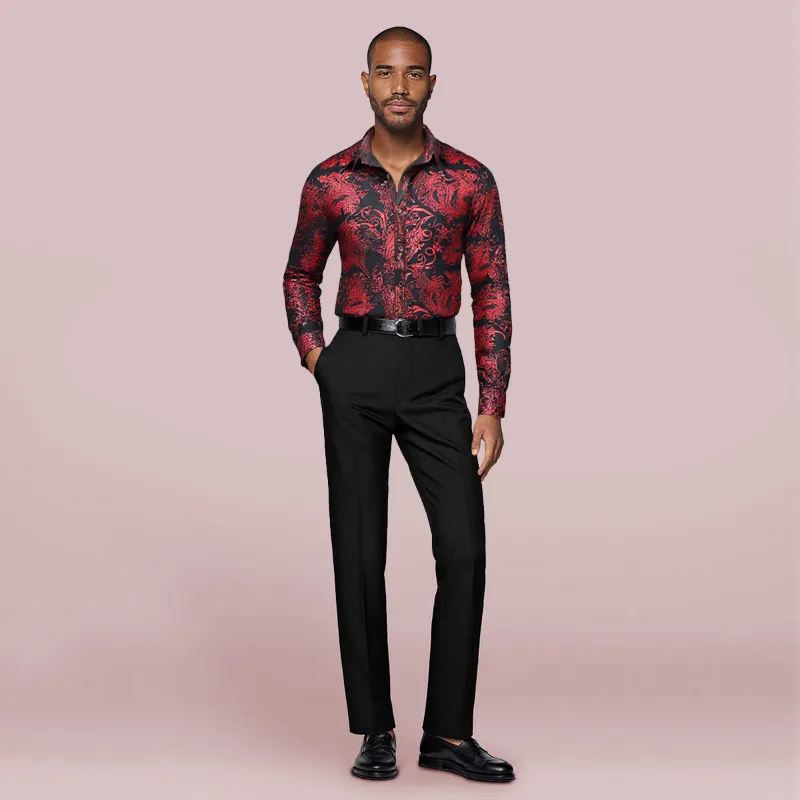 Cloudstyle Floral Long Sleeve Shirt Red with tone-to-tone embroidery